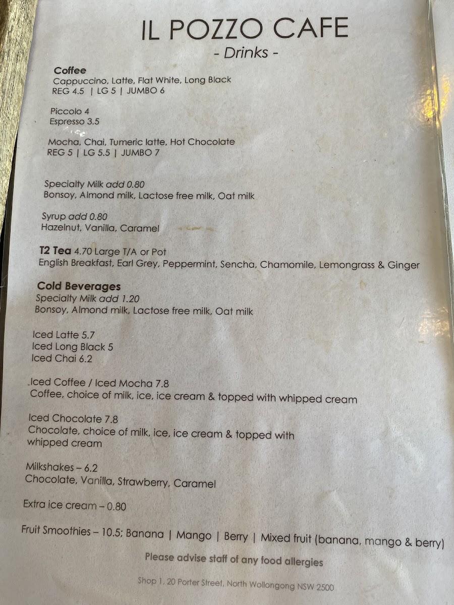 il Pozzo Cafe menu board