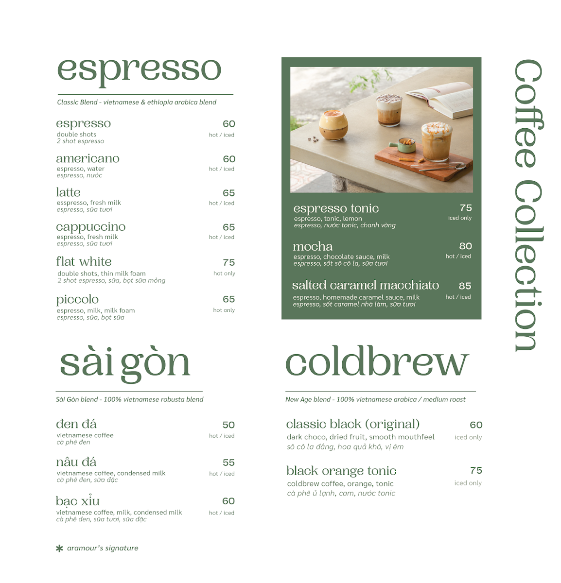 Aramour Coffee Roasters Saigon Pearl menu board