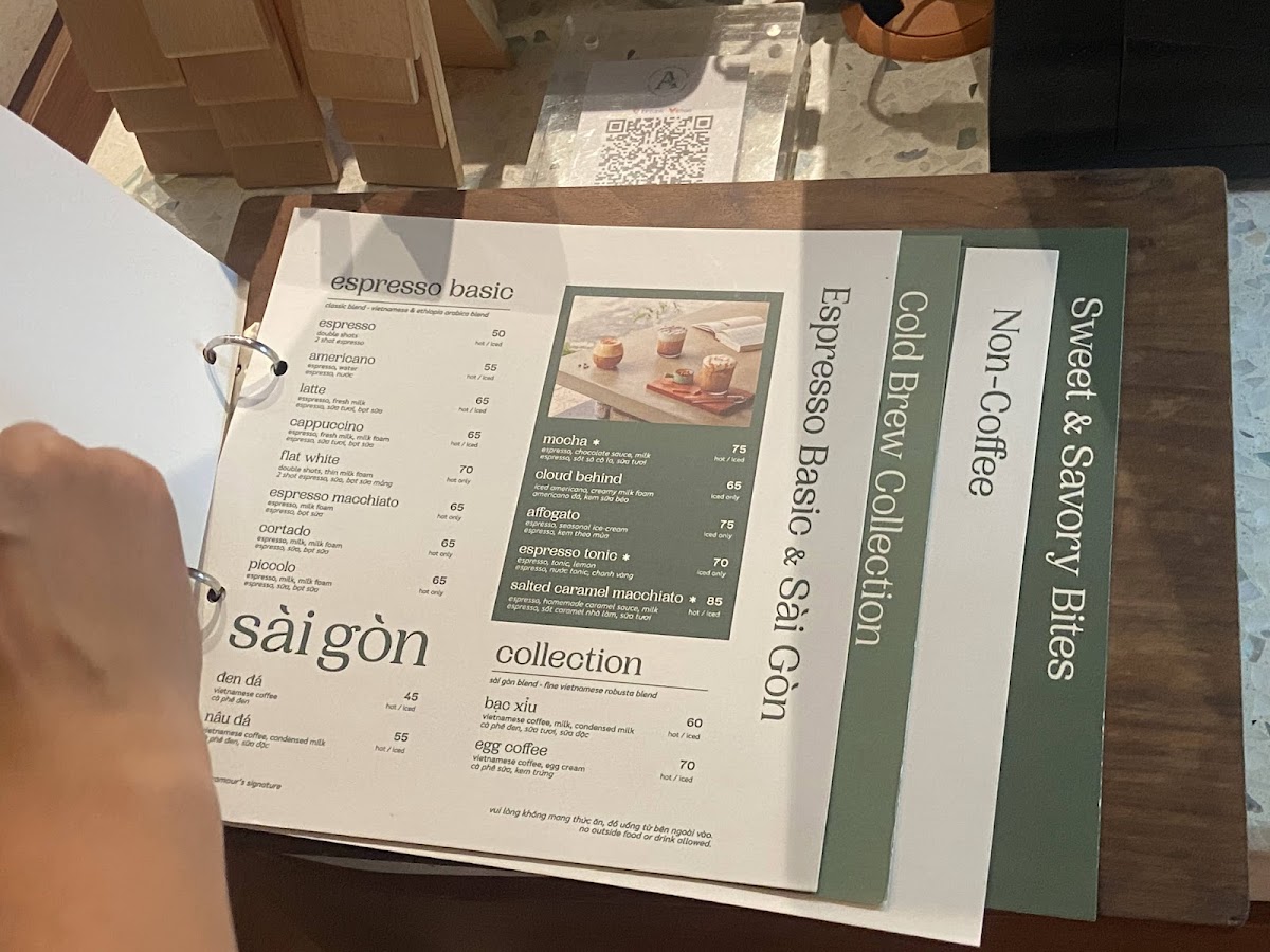 Aramour Coffee Roasters Saigon Pearl menu board