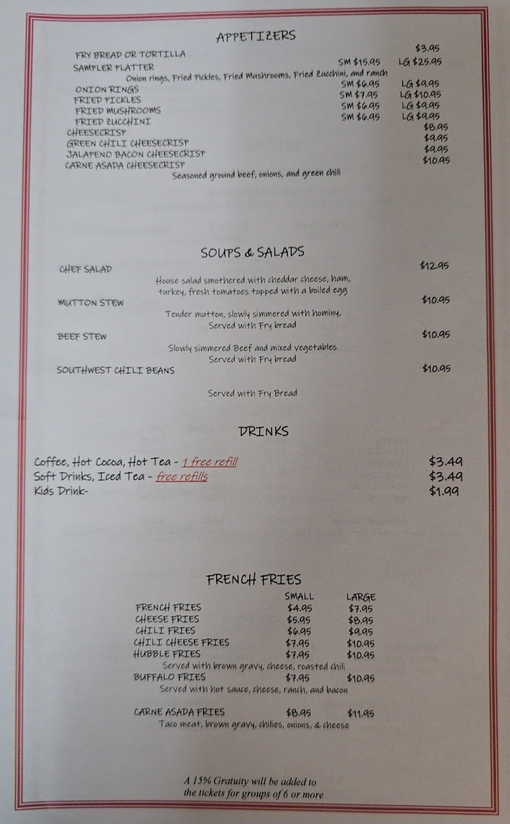 Keams Canyon Cafe menu board