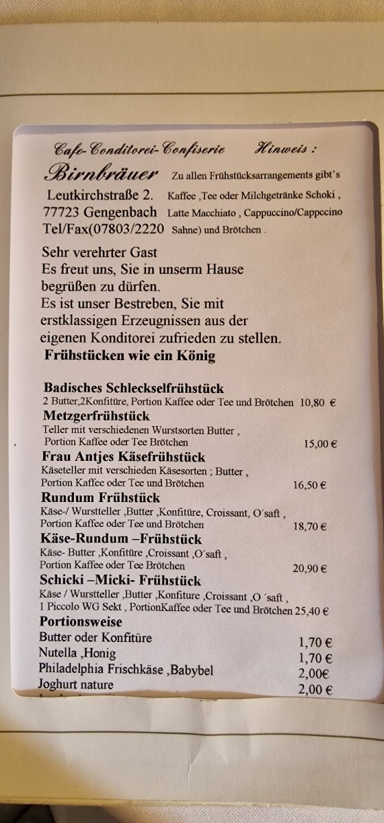 Café Birnbräuer menu board