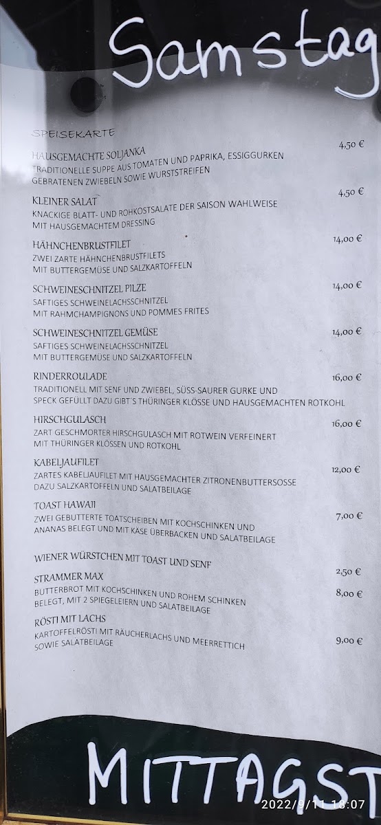 Waldcafe Prinzenhaus menu board