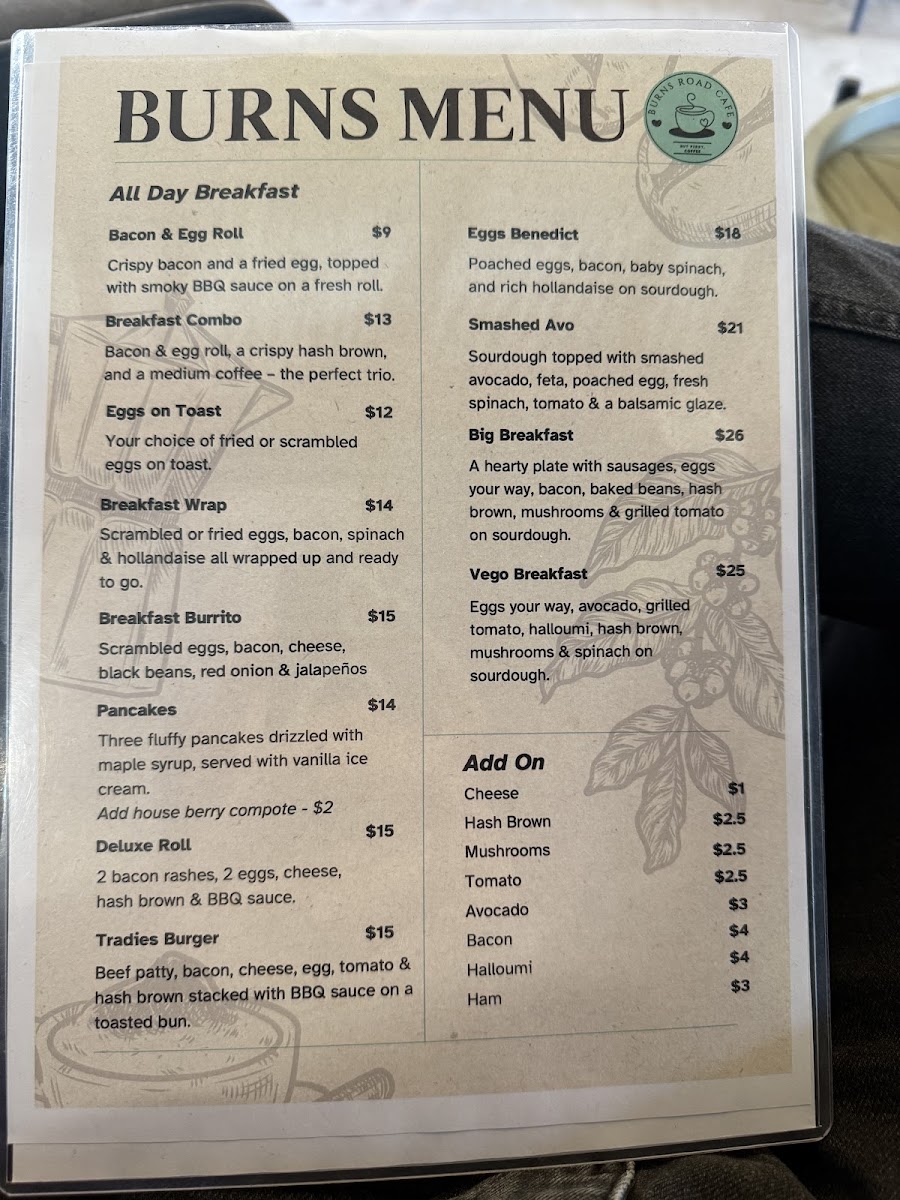 Burns Rd Cafe menu board