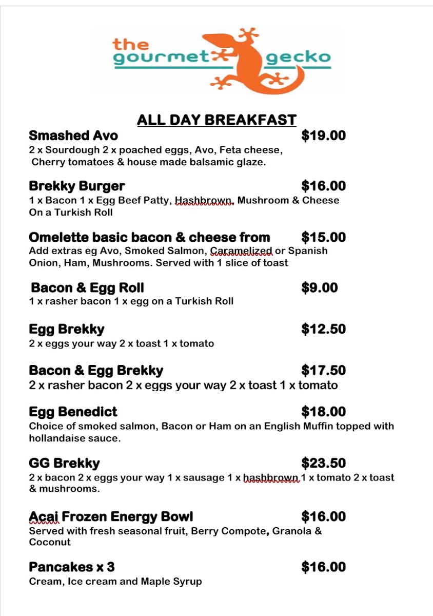 The Gourmet Gecko Cafe menu board