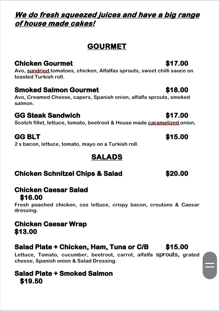 The Gourmet Gecko Cafe menu board