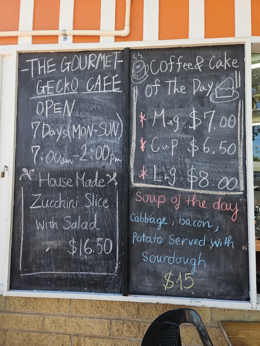 The Gourmet Gecko Cafe menu board