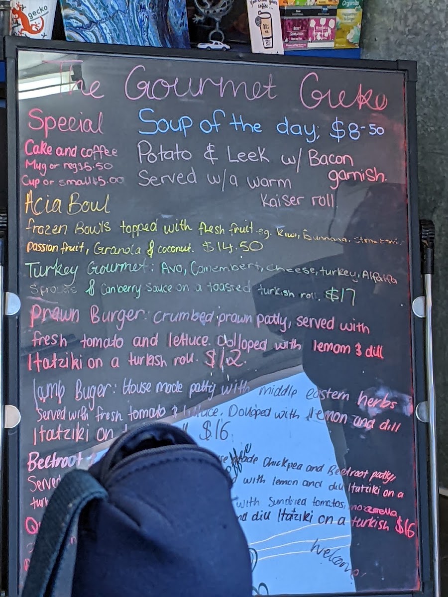The Gourmet Gecko Cafe menu board
