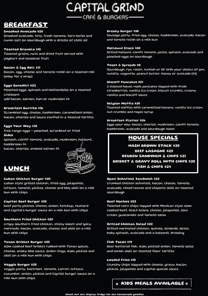 Cafe Capital Grind menu board