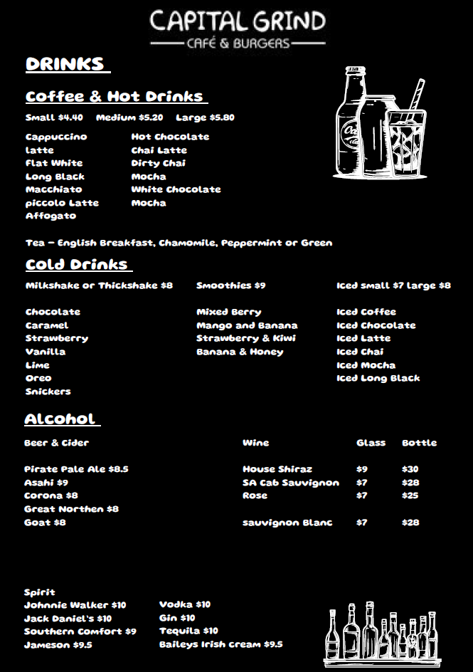 Cafe Capital Grind menu board