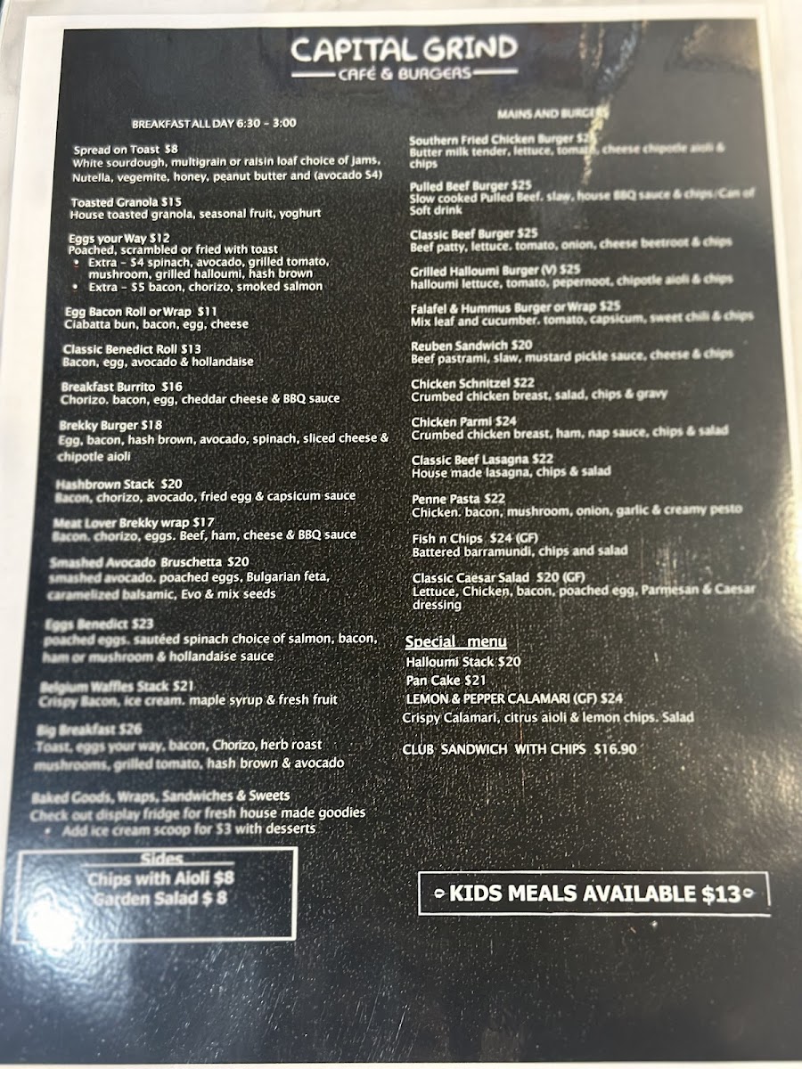 Cafe Capital Grind menu board