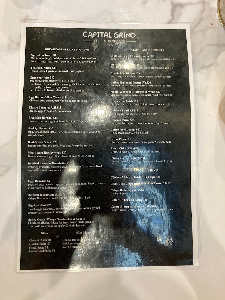 Cafe Capital Grind menu board