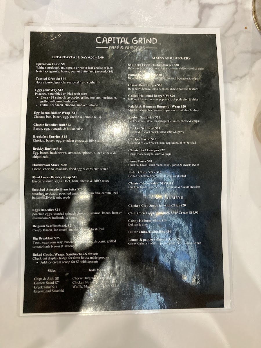 Cafe Capital Grind menu board