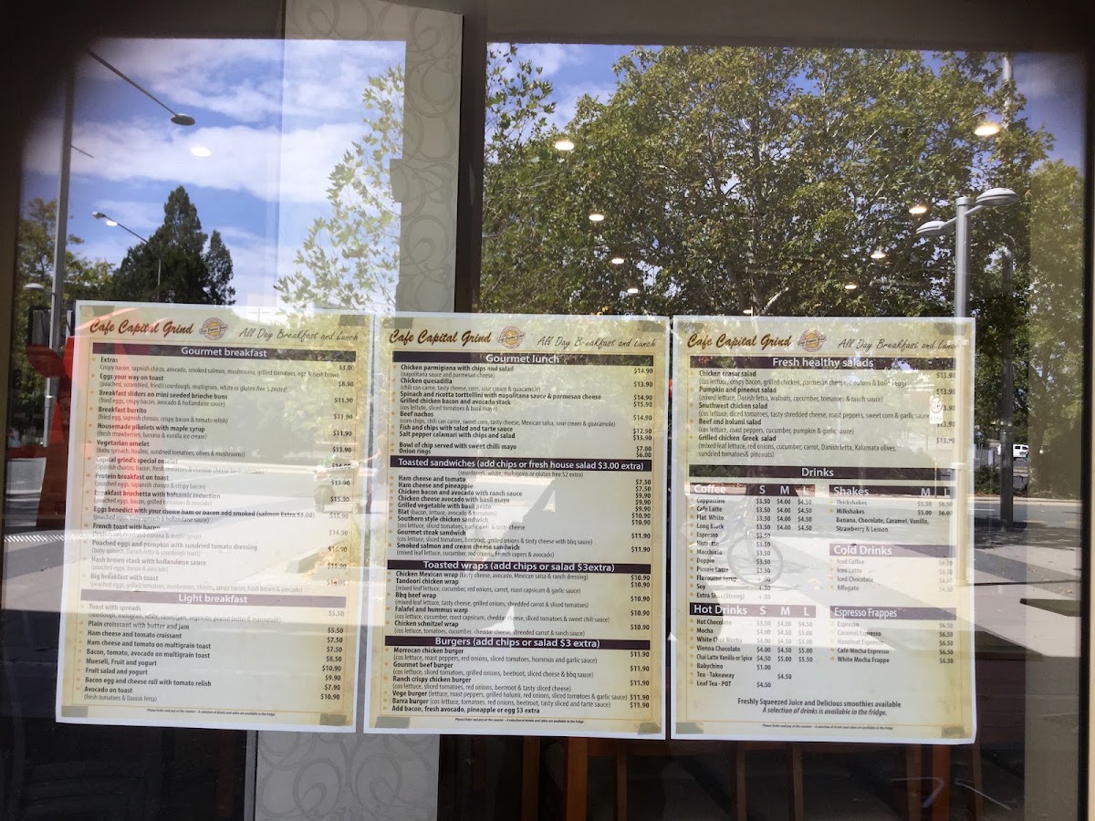 Cafe Capital Grind menu board