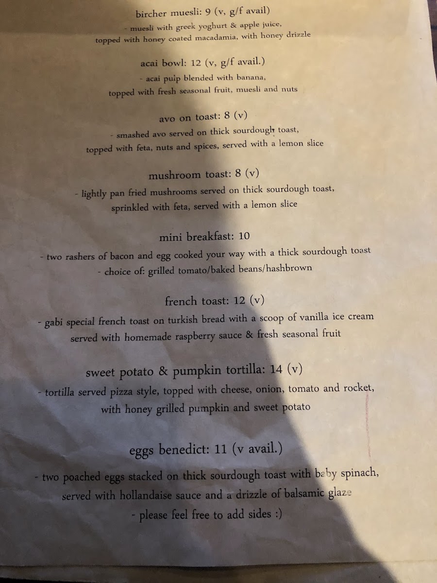Gabi Cafe menu board