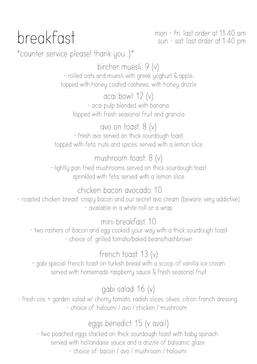 Gabi Cafe menu board