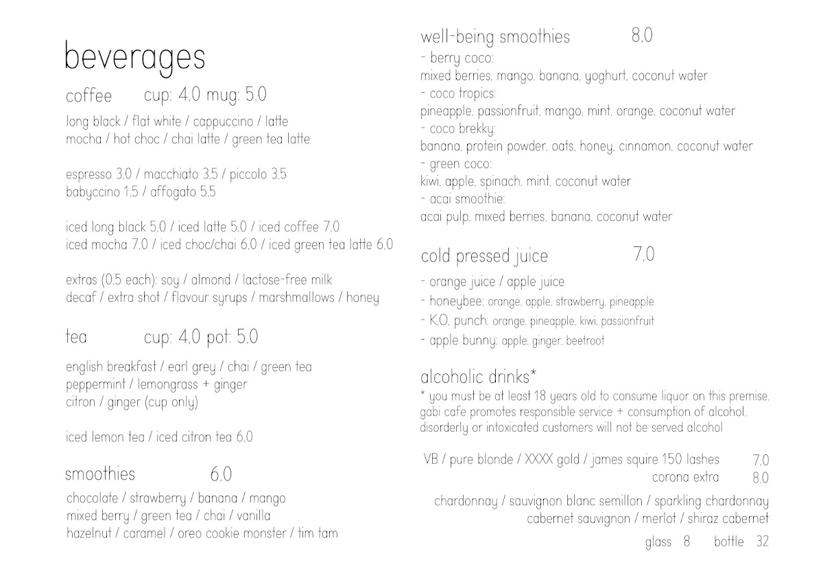 Gabi Cafe menu board