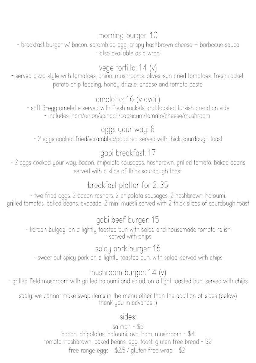 Gabi Cafe menu board