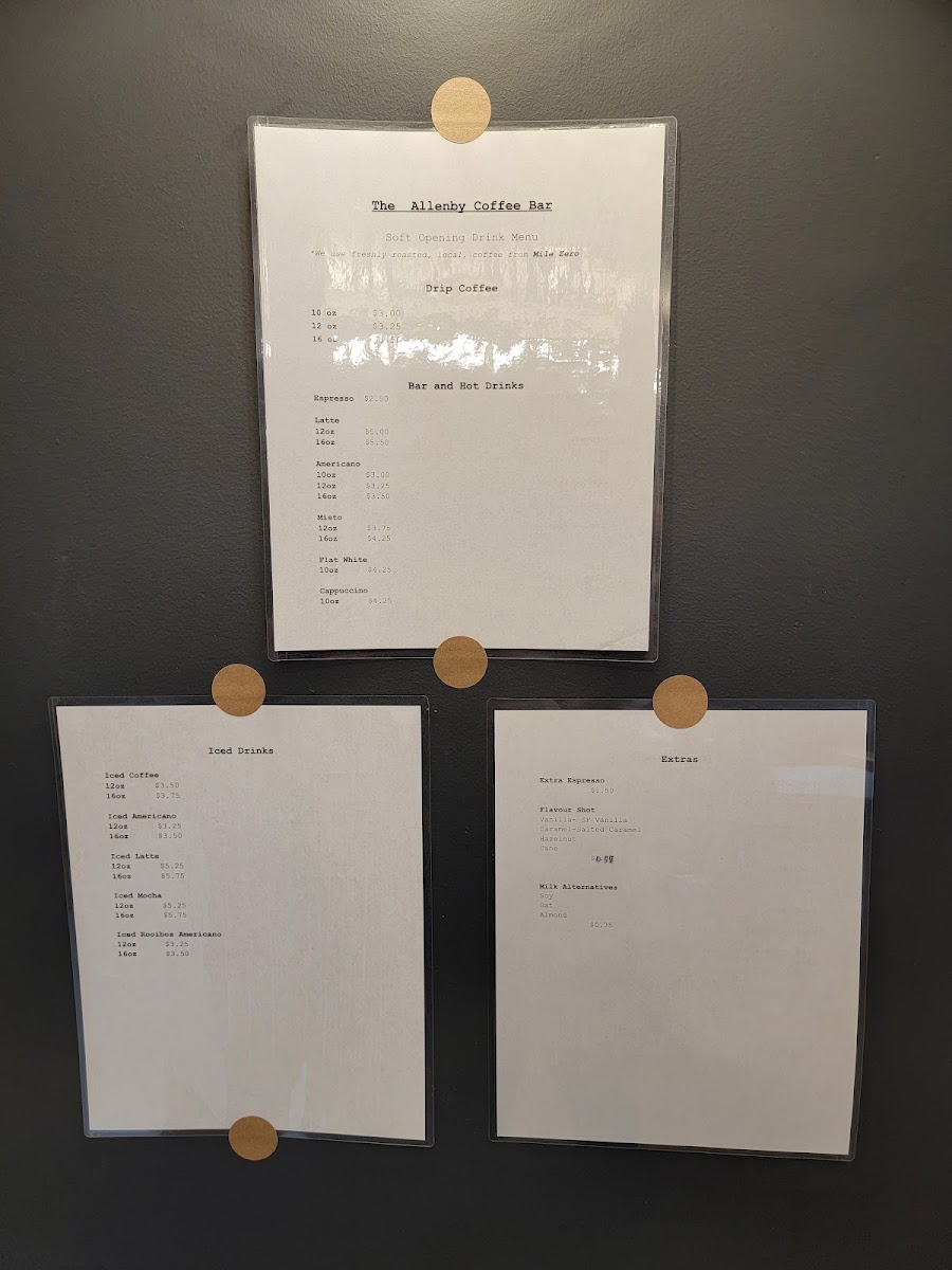 the Allenby Coffee Bar menu board