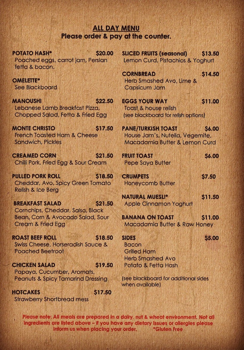 Sarmic Cafe menu board