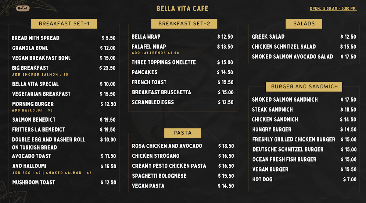 Bella Vita Cafe - Potts Point menu board