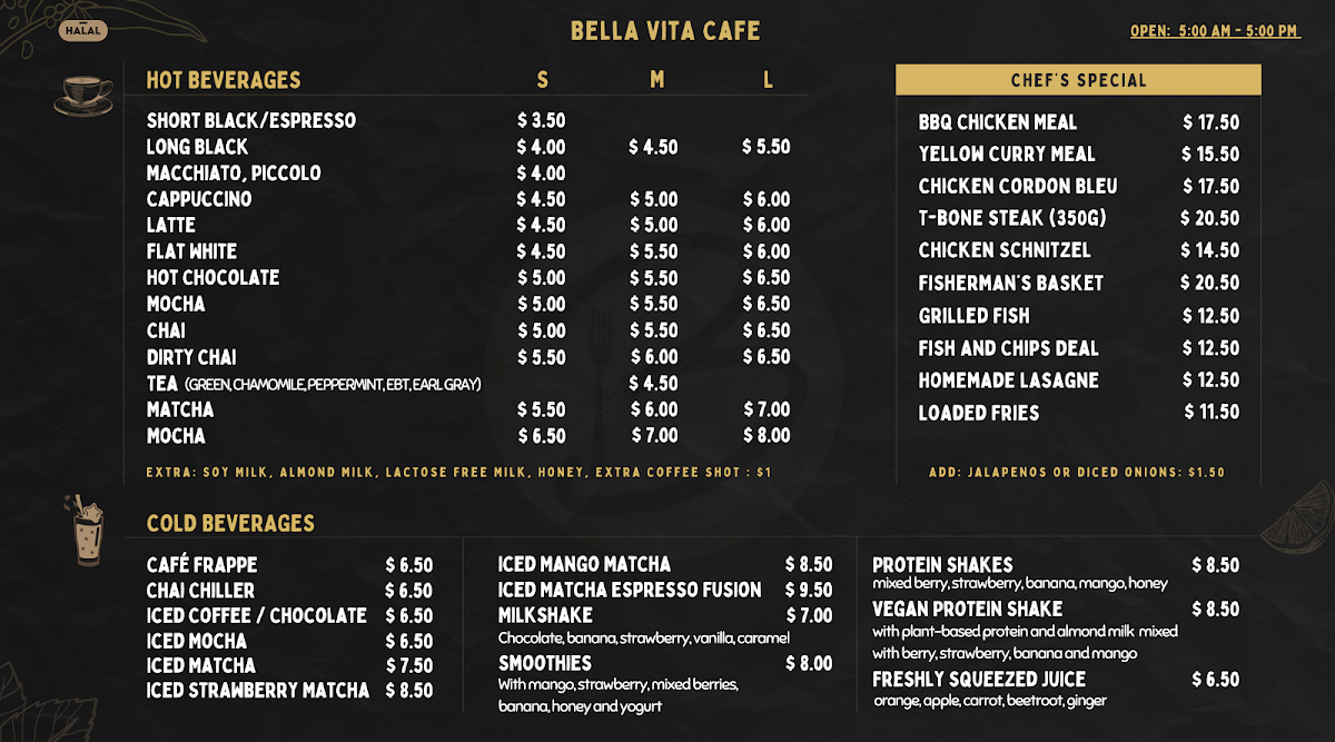 Bella Vita Cafe - Potts Point menu board