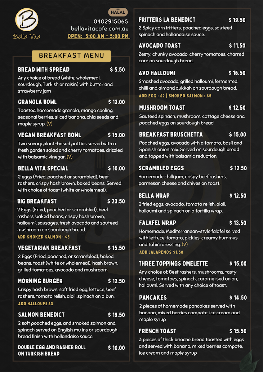 Bella Vita Cafe - Potts Point menu board