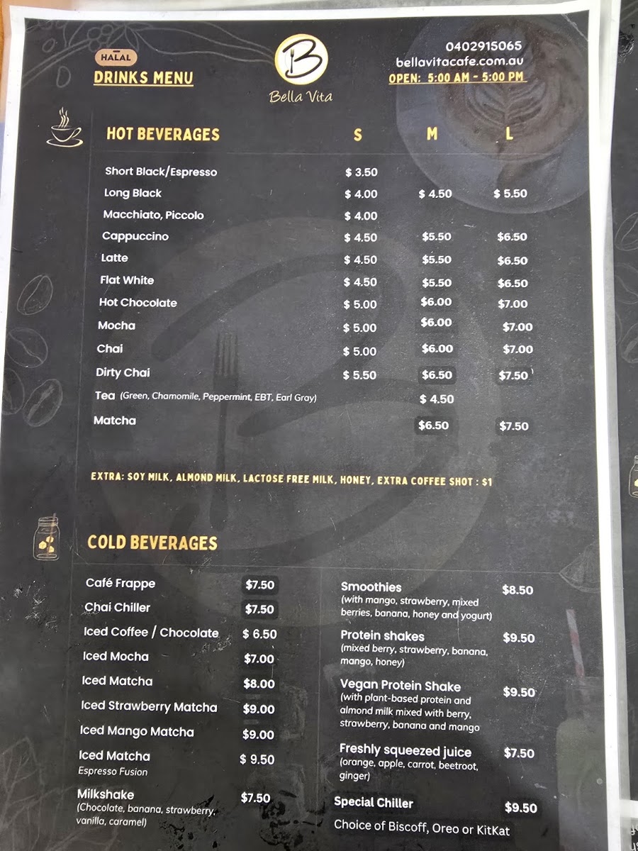 Bella Vita Cafe - Potts Point menu board