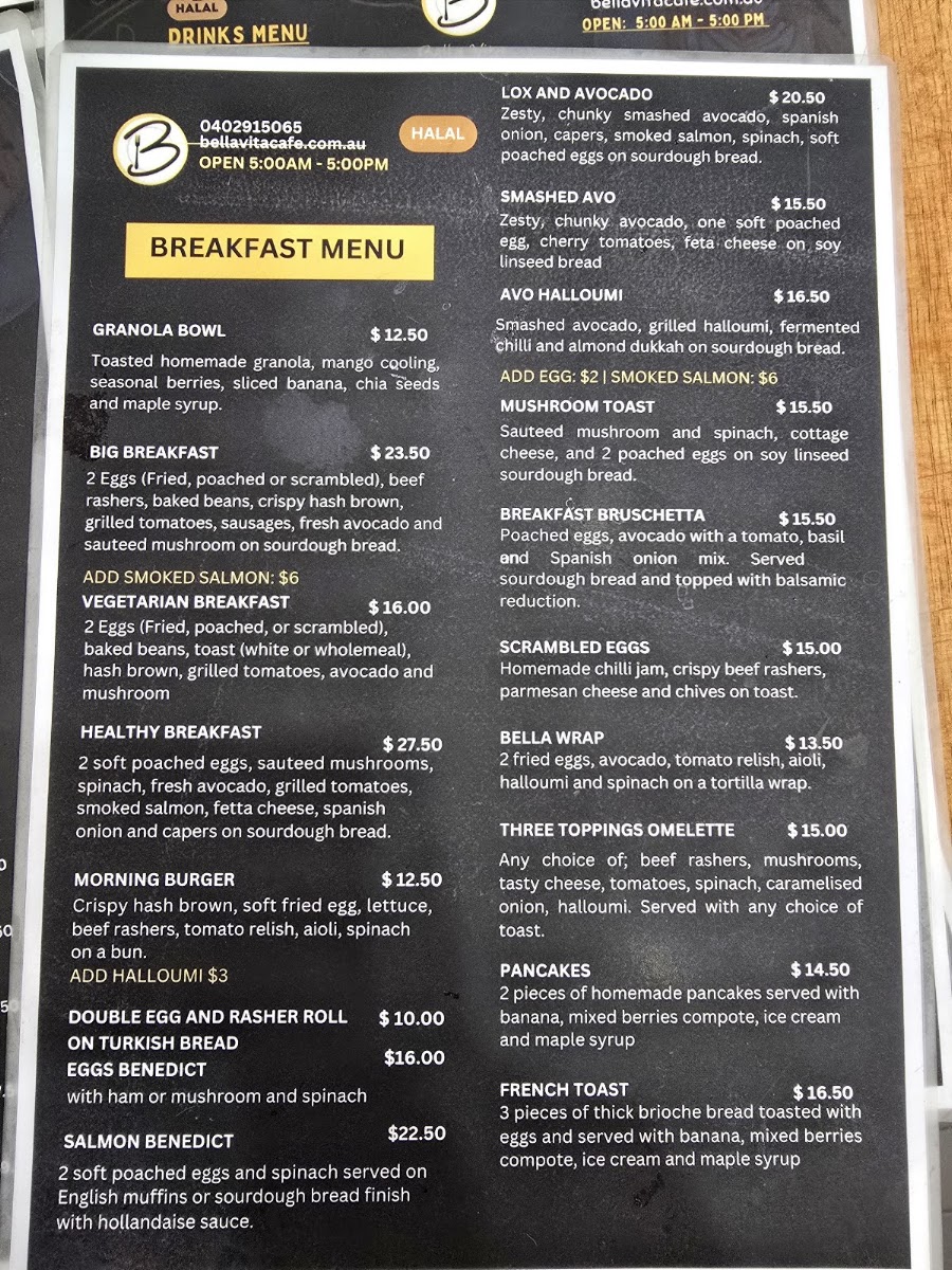 Bella Vita Cafe - Potts Point menu board