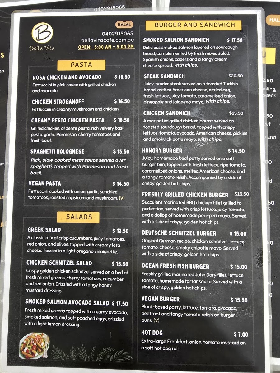 Bella Vita Cafe - Potts Point menu board