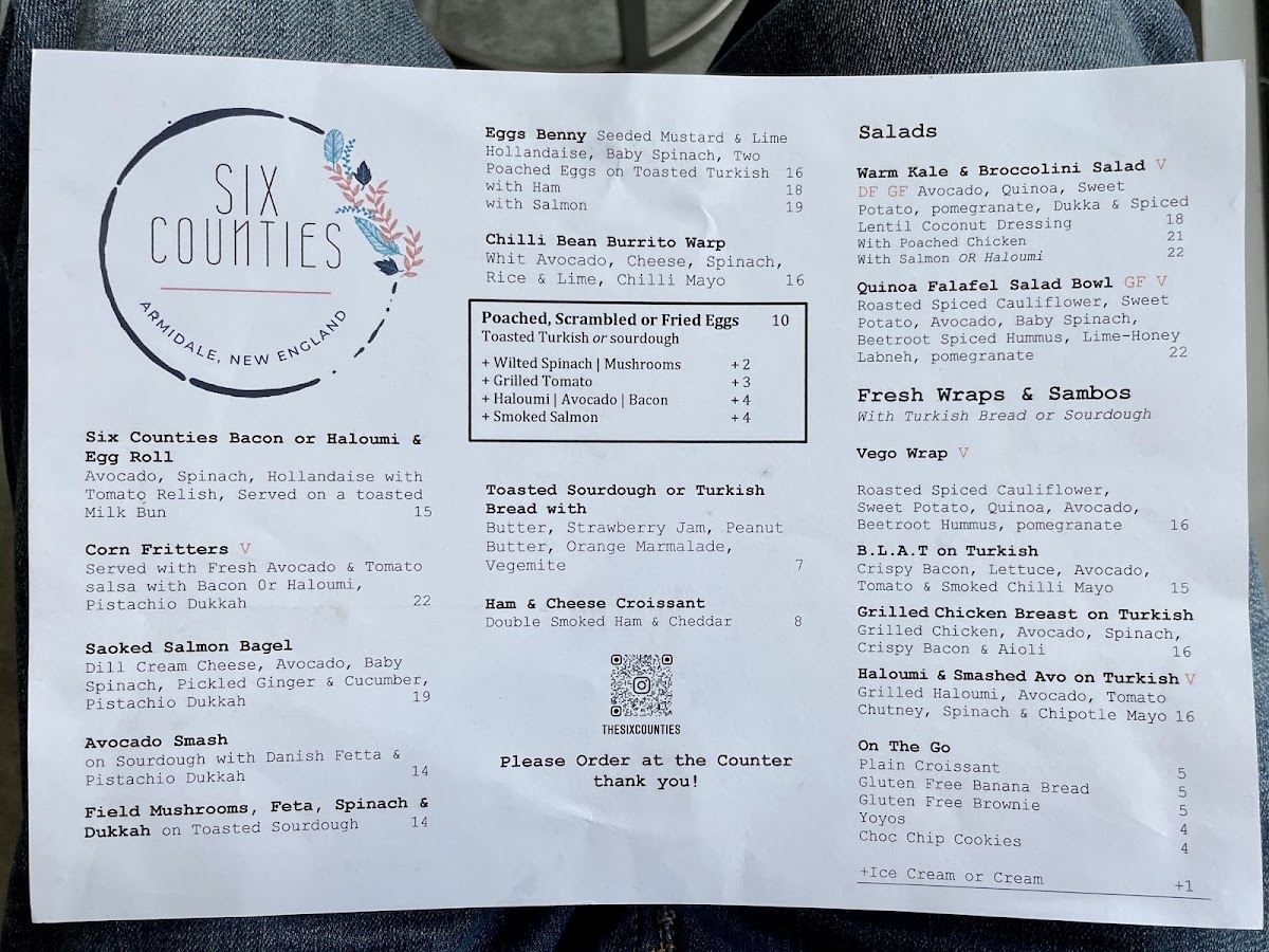 Six Counties Cafe & Restaurant at NERAM menu board