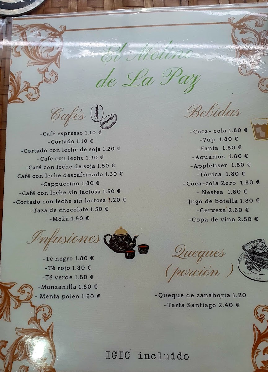 El Molino De La Paz menu board