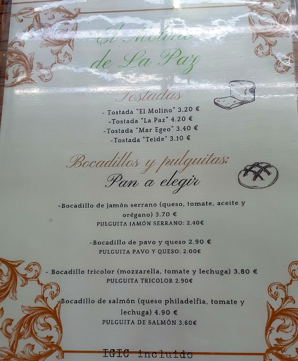 El Molino De La Paz menu board