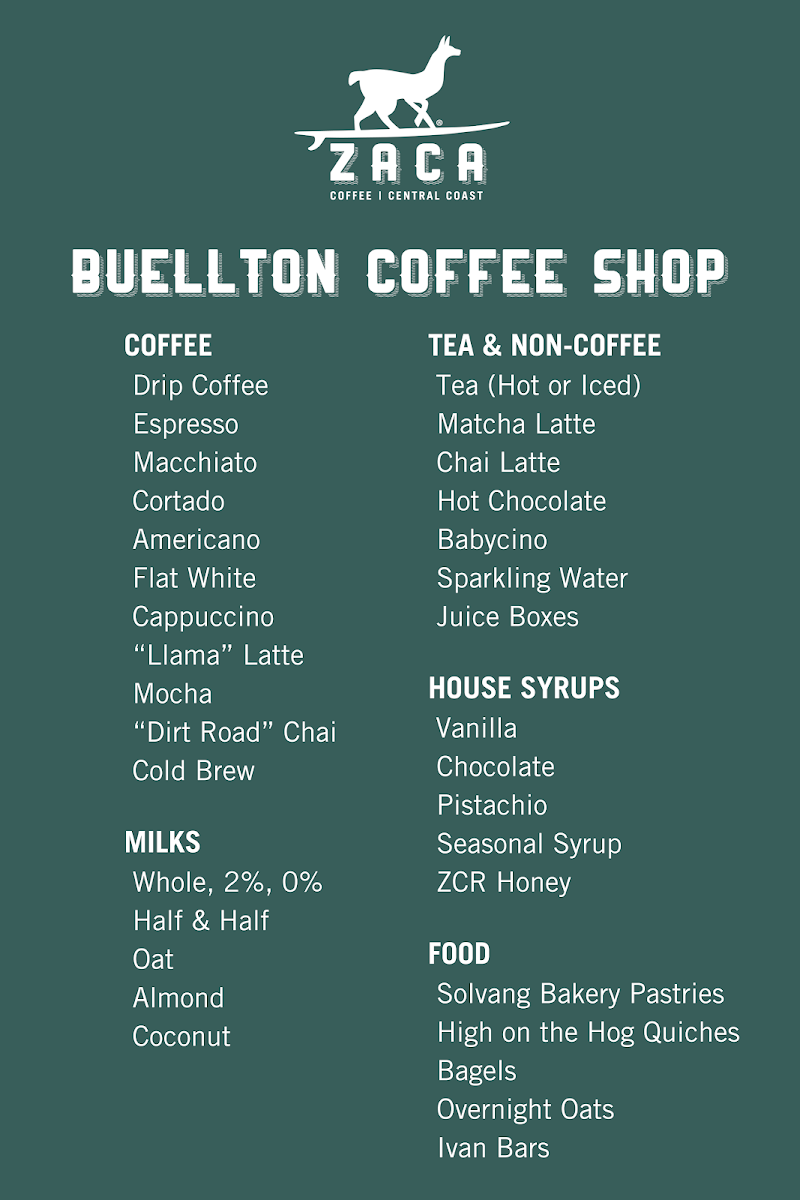 Zaca Coffee menu board
