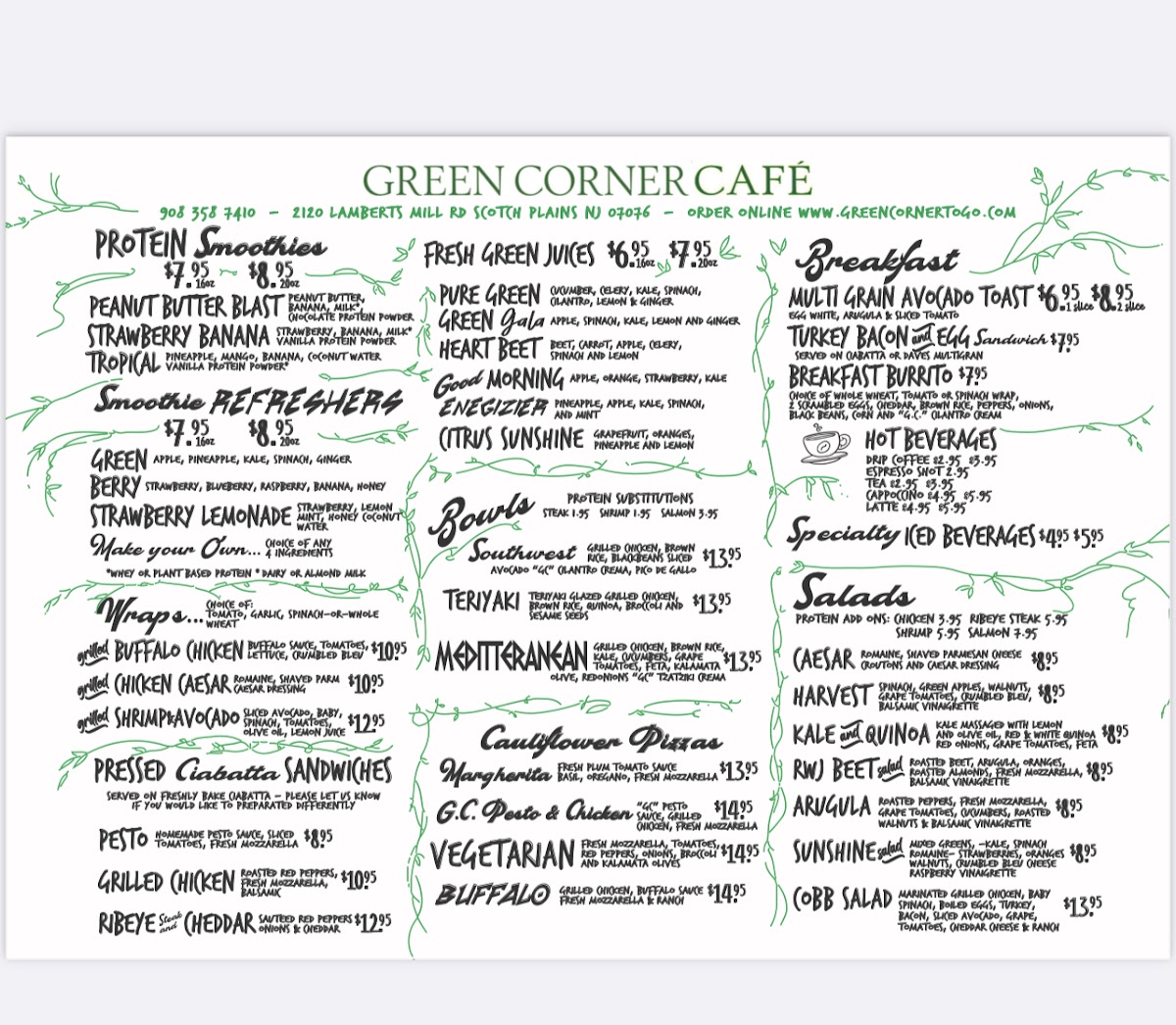 Green Corner Cafe menu board
