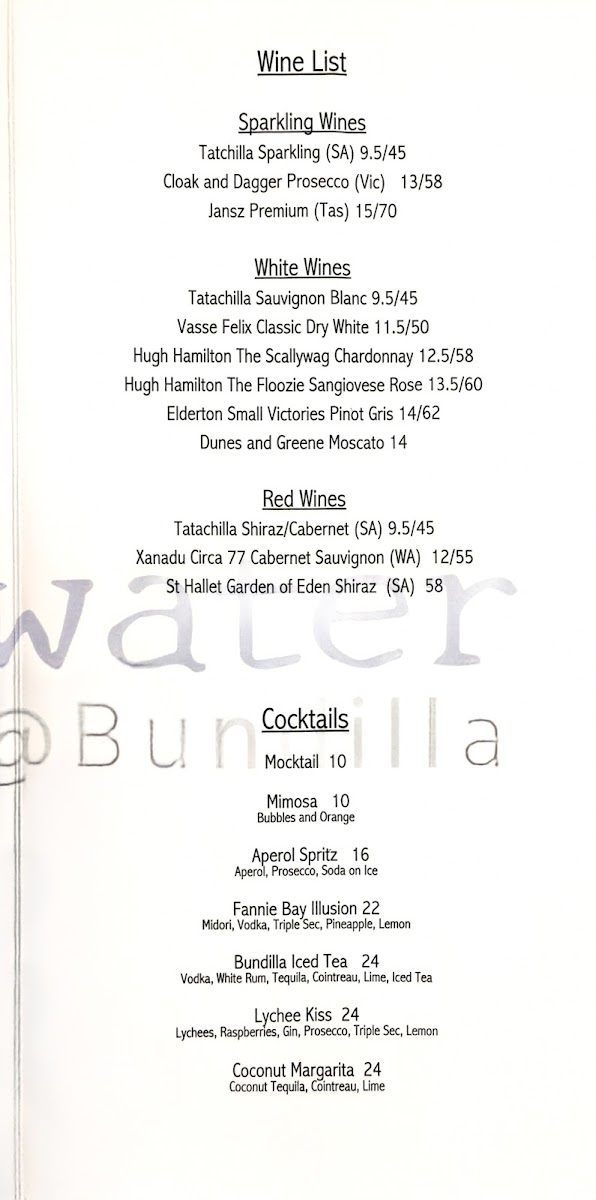 Saltwater @ Bundilla menu board