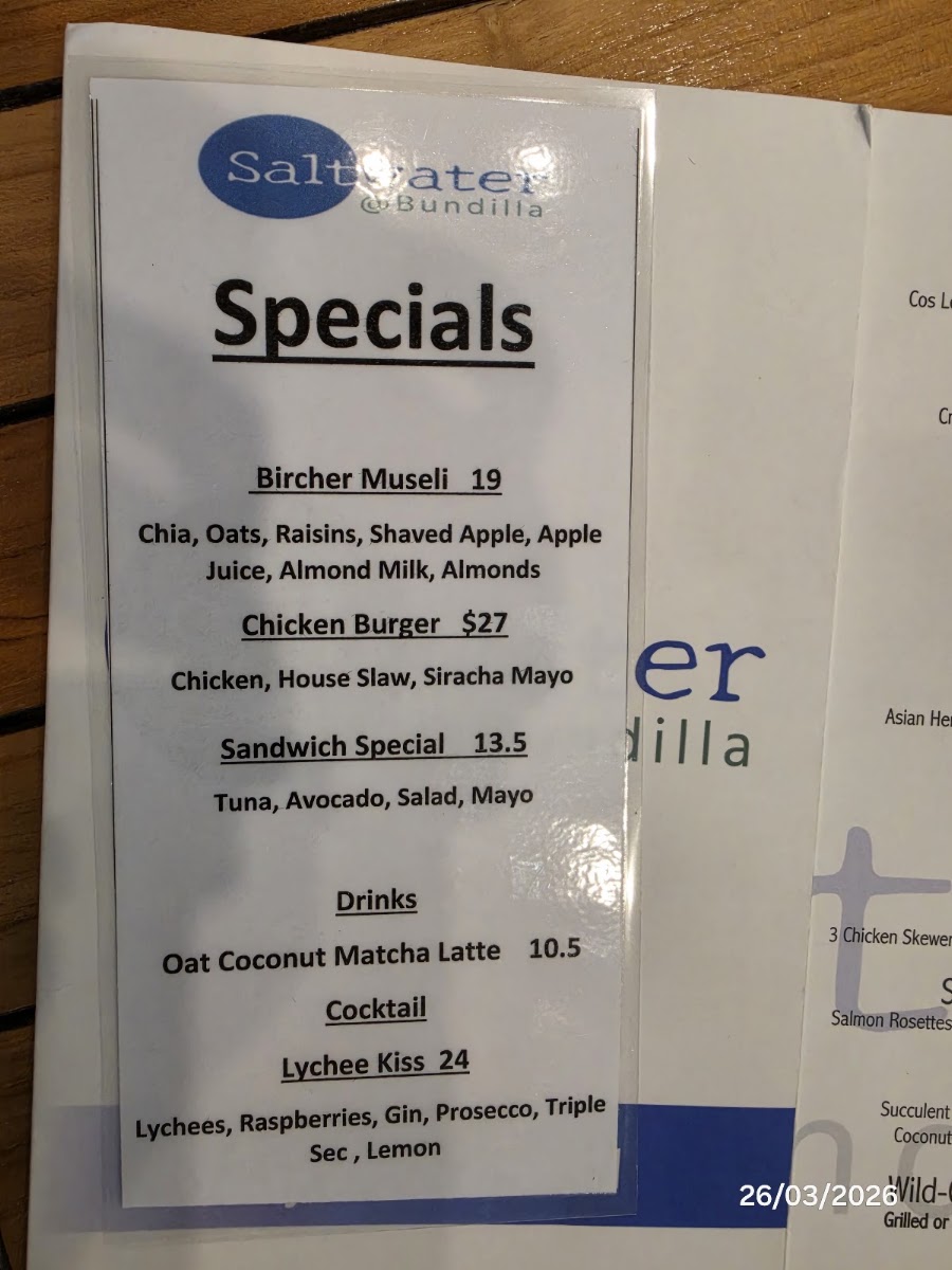 Saltwater @ Bundilla menu board