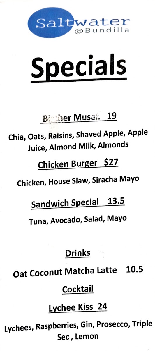 Saltwater @ Bundilla menu board