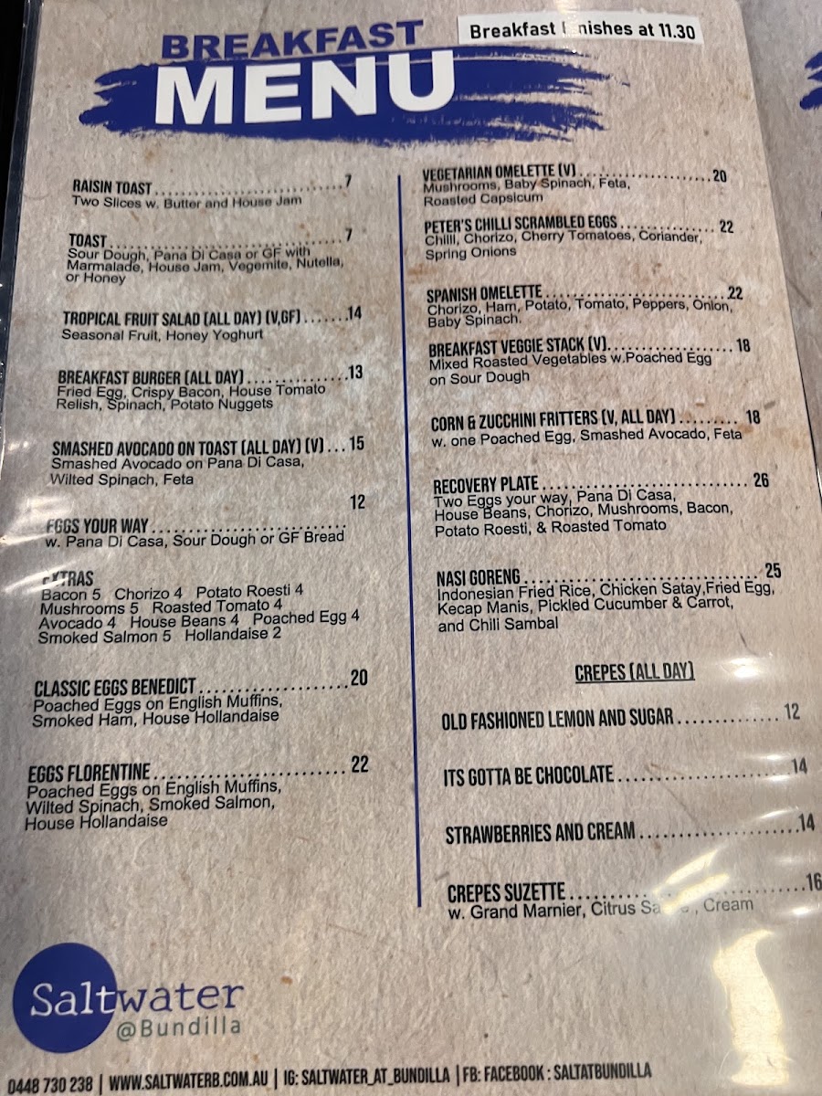 Saltwater @ Bundilla menu board