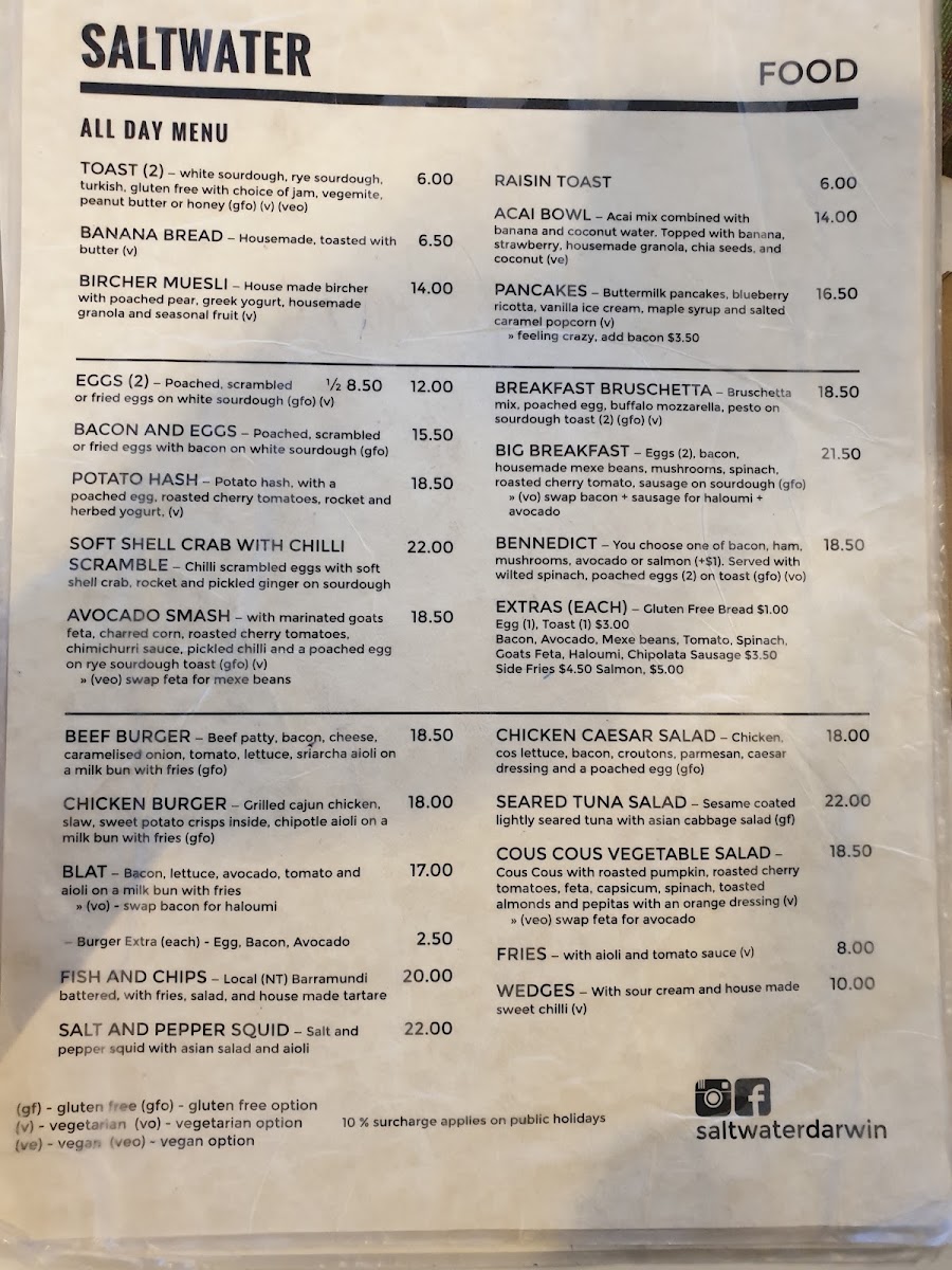 Saltwater @ Bundilla menu board