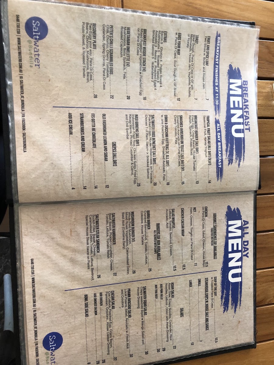 Saltwater @ Bundilla menu board