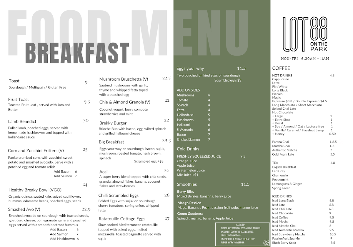 LOT 88 on the park menu board