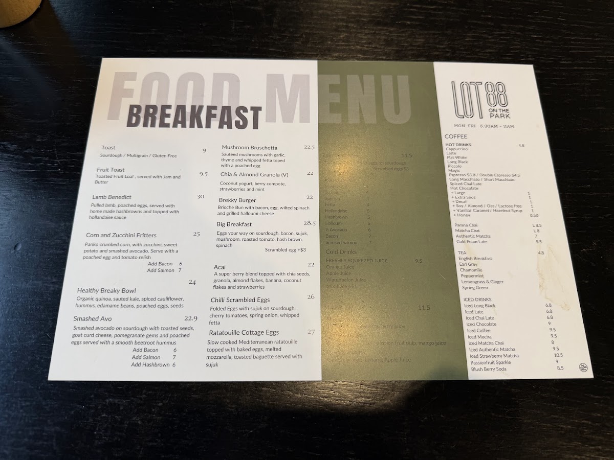 LOT 88 on the park menu board