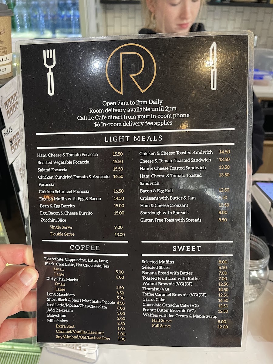Le Cafe @ Oaks R Suites Geelong menu board