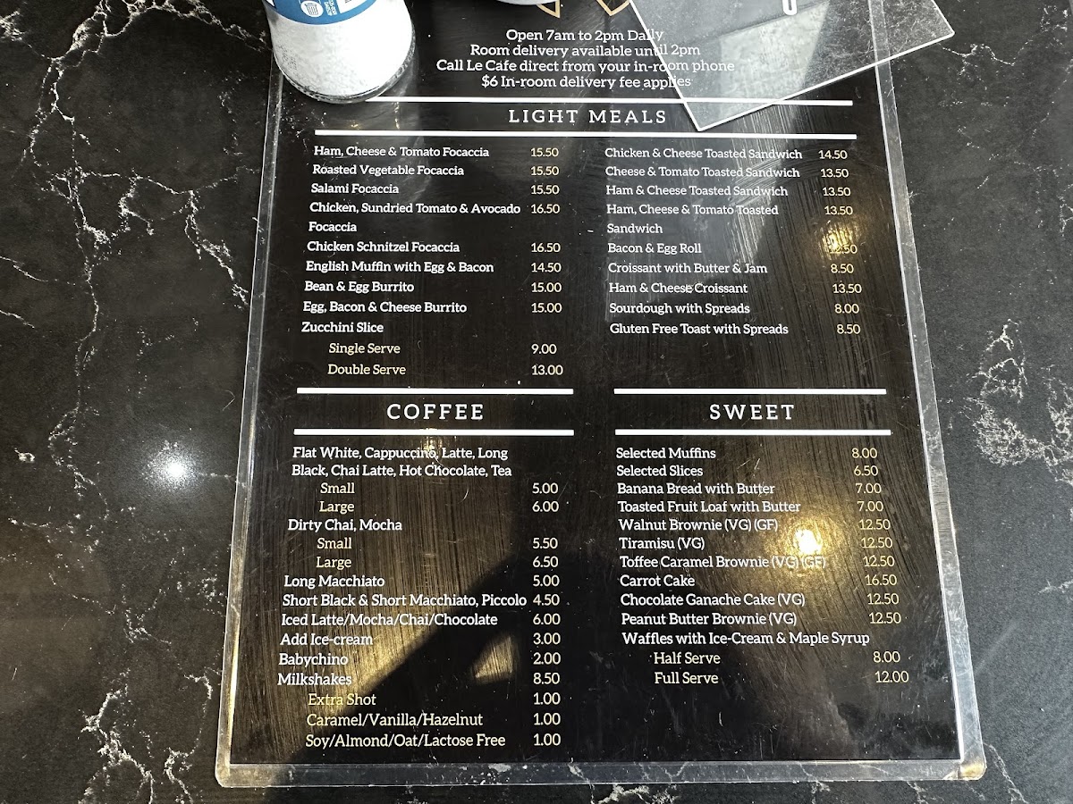 Le Cafe @ Oaks R Suites Geelong menu board