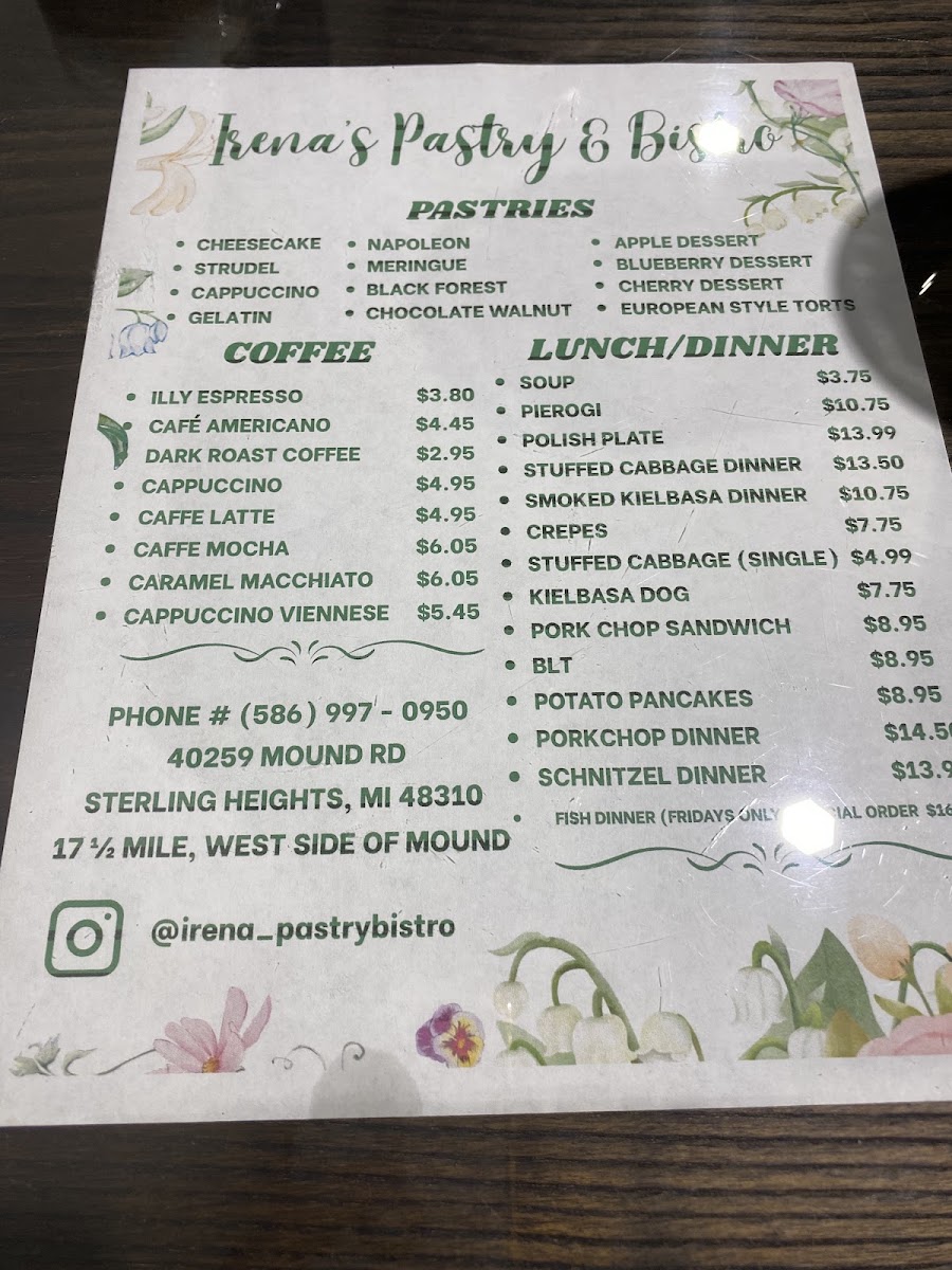Irena's Pastry & Bistro menu board