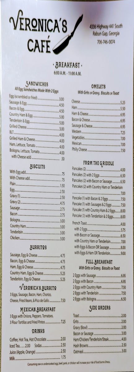 Veronica's Cafe menu board