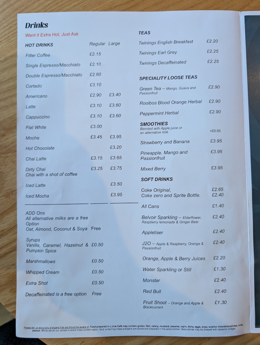 Lions Cafe menu board