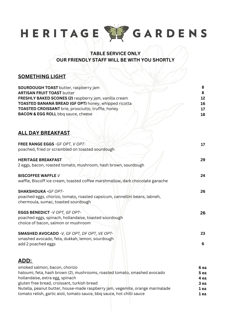 Heritage Gardens Cafe menu board