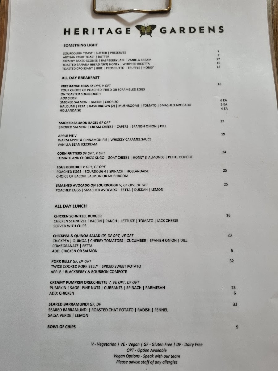 Heritage Gardens Cafe menu board