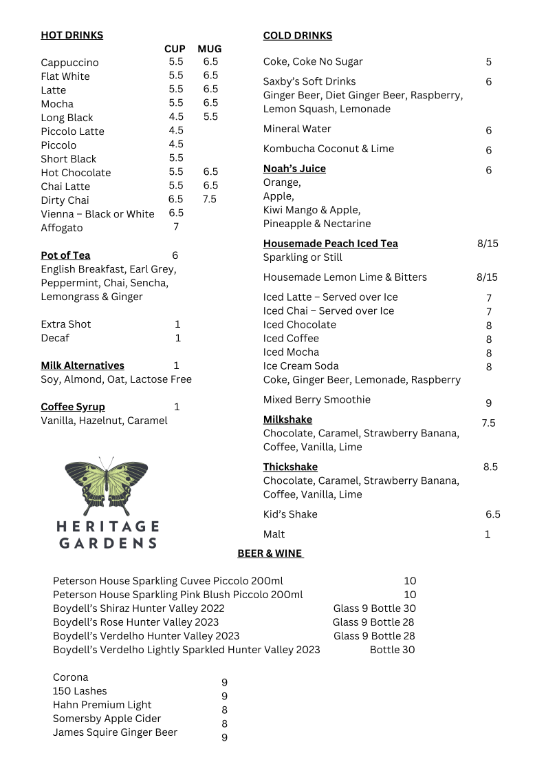Heritage Gardens Cafe menu board